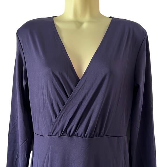 Navy Blue Purple Long Sleeve Gown with Cross V-Neck Extra Long Slit Bodycon - Picture 2 of 12